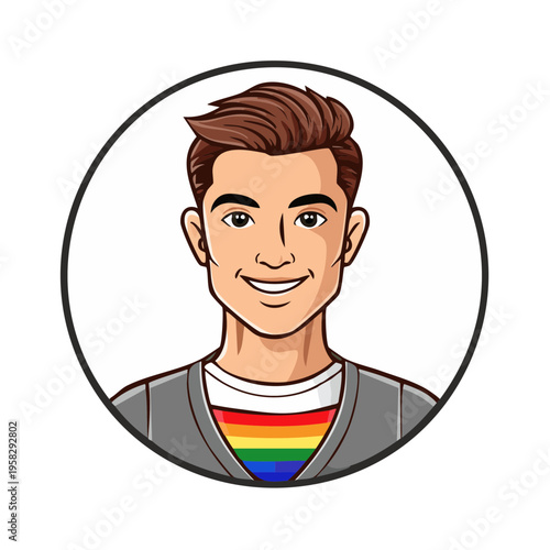 Animated man with rainbow shirt and grey cardigan in circular frame smiling