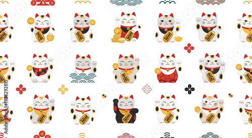Maneki neko seamless pattern with lucky cat figurines, Japanese fortune symbols and gold coins, cute Asian good luck background vector illustration