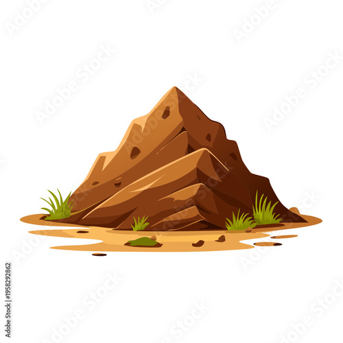 Stylized cartoon rock formation with sparse grass and sandy terrain
