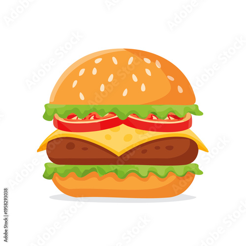 A delicious hamburger with sesame seeds on a bun and fresh lettuce tomatoes and cheese