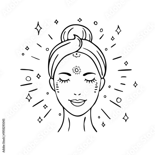 Hand drawn illustration of a serene woman with eyes closed and a radiant smile surrounded by abstract sparkles and lines