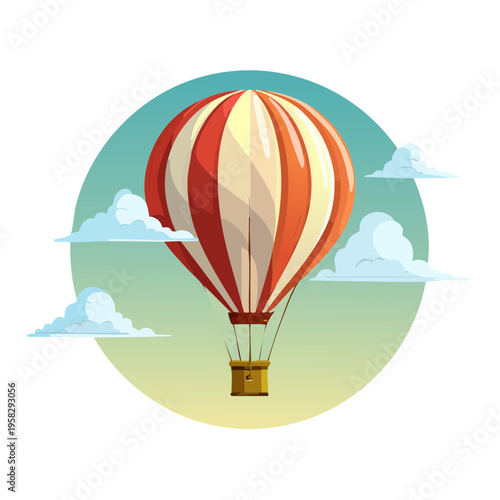 Red and white striped hot air balloon floats among soft clouds and a gradient sky