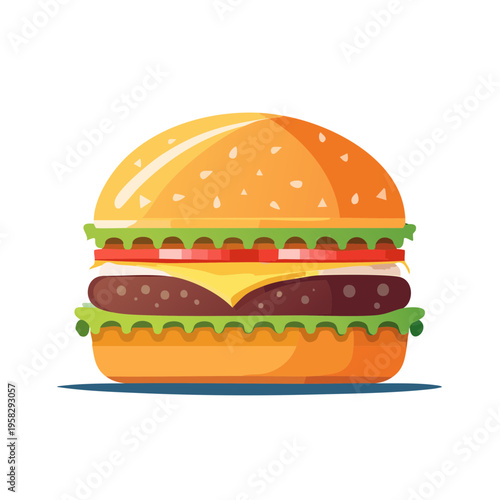 Juicy burger illustration with cheese lettuce tomato and sesame seed bun