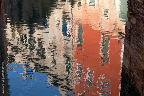 Venetian water reflection. Reflections of colorful buildings in the canal water. Venice, Italy