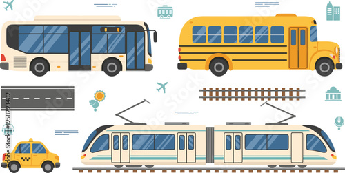 Public transport vehicles set with bus, school bus, taxi and tram, urban transportation collection for city travel, mobility and infrastructure vector illustration