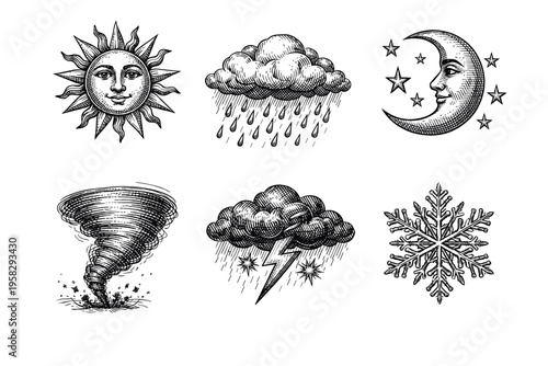Vintage weather icon collection in black and white engraved illustration style with sun cloud storm tornado wind and barometer