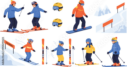 Skiing and snowboarding set with winter sports activities, athletes training on snowy mountains, extreme outdoor adventure vector illustration collection