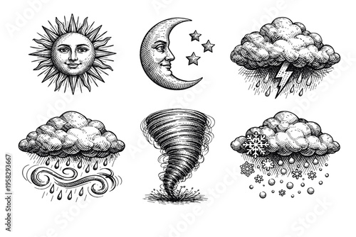Vintage weather icon collection in black and white engraved illustration style with sun cloud storm tornado wind and barometer