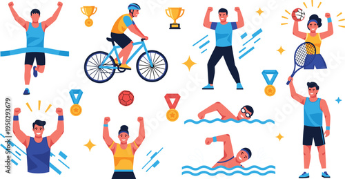 Sports winners and athletes set with running, cycling, swimming and tennis activities, active lifestyle and competition concept vector illustration collection
