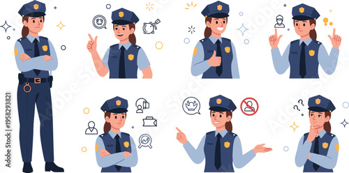 Police officer character set with different poses and gestures, law enforcement professional illustration for security, public safety and authority concept vector collection