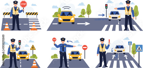 Traffic police control set with officer directing cars at road intersection, stop signal and pedestrian crossing, urban transport safety vector illustration collection