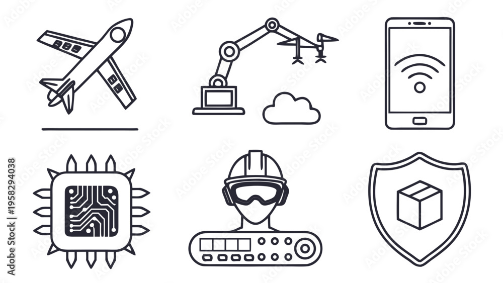 Fototapeta premium Modern Industrial and Digital Technology Icons Set with Robotics Aerospace Microchip and Logistics Security