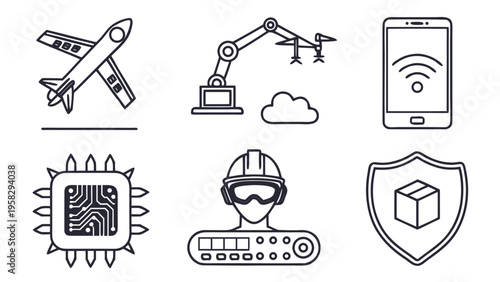 Modern Industrial and Digital Technology Icons Set with Robotics Aerospace Microchip and Logistics Security