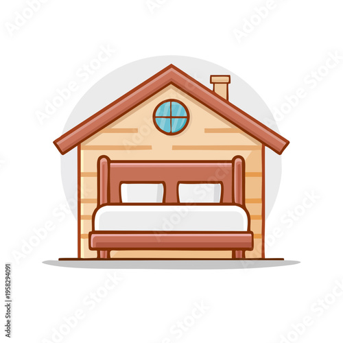 Cozy Wooden Cabin Interior with a Bed and Round Window