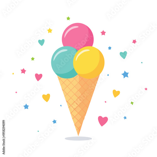 Joyful triple scoop ice cream cone with colorful confetti and heart shapes celebrating summer