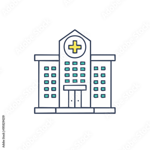 Modern hospital building icon with medical cross symbol and windows