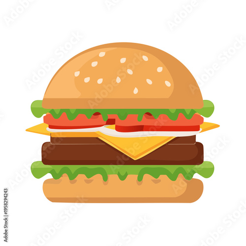 Delicious Double Cheeseburger With Lettuce And Tomatoes And Sesame Seed Bun