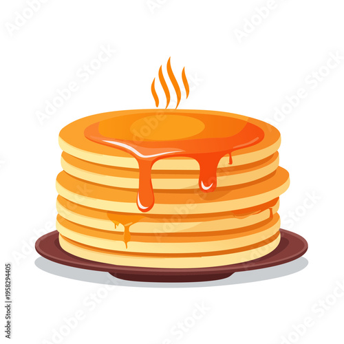 Stack of golden pancakes with sweet syrup dripping and rising steam