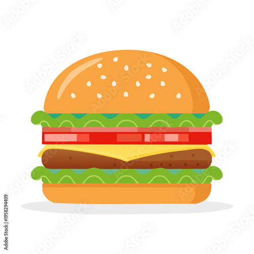 Layered Cheeseburger with Toppings and Sesame Seed Bun Illustration