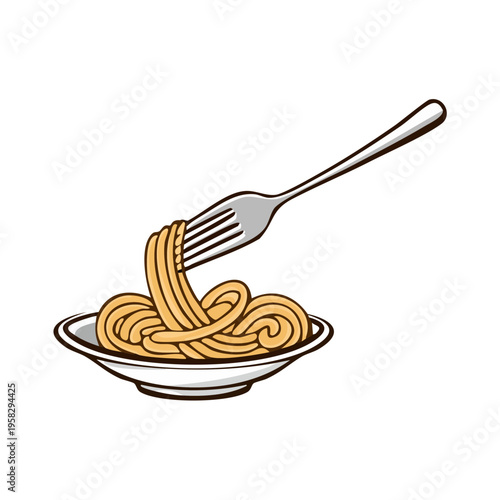 Fork lifting a swirl of spaghetti from a white plate, simple cartoon illustration