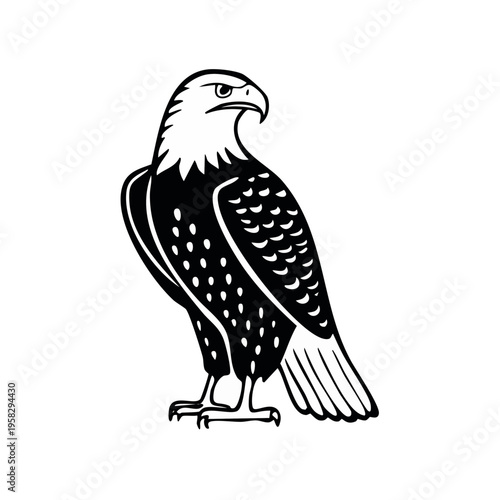 Bold illustration of an eagle perched upright showing its detailed feathers and sharp gaze