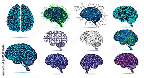 Abstract illustrations of brains depicting ideas and cognitive processes