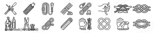 rope and knot vector icon set with cords, loops, bindings and tools, minimal outline collection of textile and marine elements on transparent background