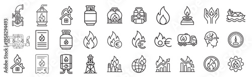 gas and energy vector icon set with fuel cylinders, pipelines, flame symbols, burners and industrial equipment, minimal outline engineering collection on transparent background