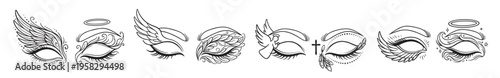 angel wings and eye vector icon set with sacred spiritual symbols, minimal outline religious and mystical collection on transparent background