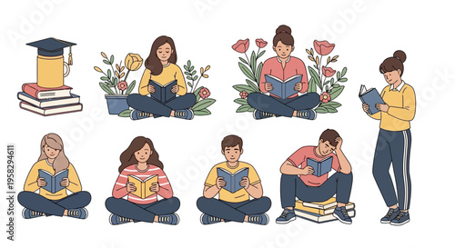 People reading books illustration of diverse individuals enjoying literature