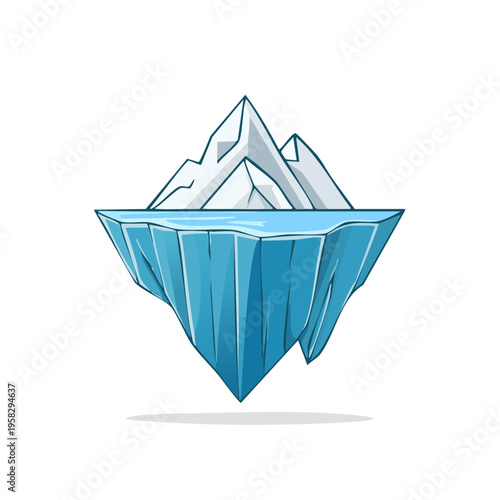 Cartoon iceberg with snow capped mountains and reflective blue water surface.