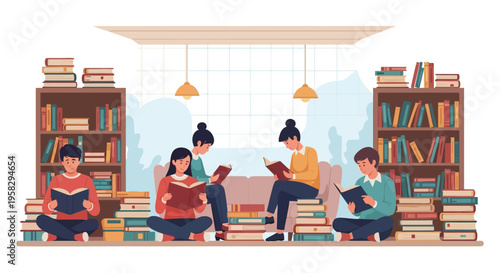 People reading books in library with bookshelves and window background