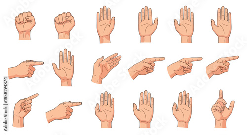 Set of various hand gestures illustrations isolated on white background
