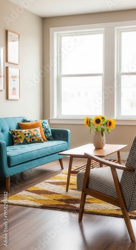 Cozy Living Room With Modern Furniture And Bright Sunflowers