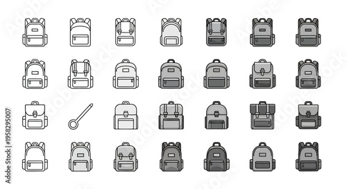 Collection of backpack icons and a spoon in minimalist black and white style