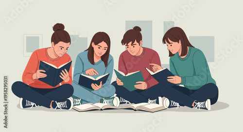 Group of young people reading books together education and knowledge concept