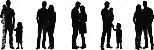 Happy Family Silhouette Set, Parents with Children, Couple in Love, Father Carrying Baby, Mother and Kids, Vector Illustration Isolated, People Collection