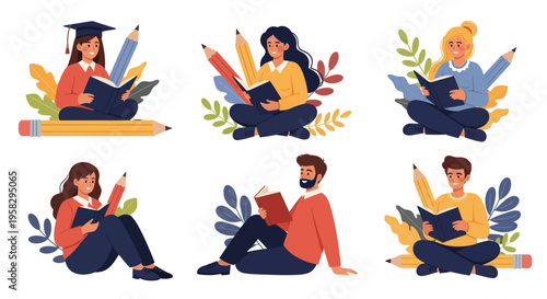 Diverse students reading books with pencils and decorative elements