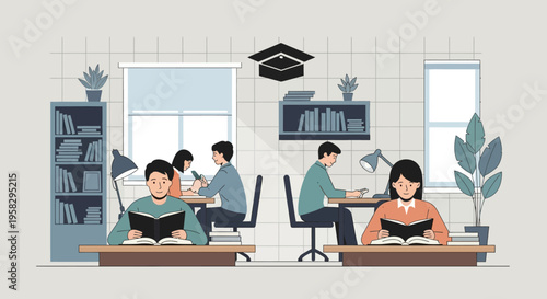Students studying in a classroom with desks plants and a mortarboard symbol