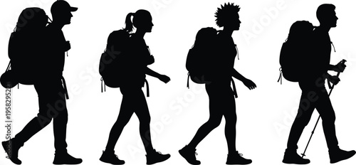 Hiking People Silhouette Set, Travelers with Backpacks Walking, Mountain Trekking Adventure, Men and Women Hikers Group, Outdoor Journey Vector Illustration