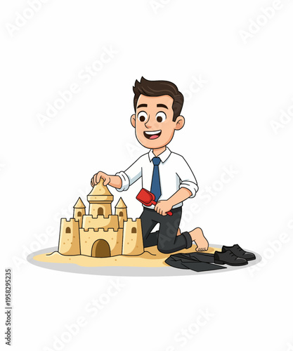 Cheerful cartoon businessman in a white shirt and tie, barefoot, happily building a sandcastle with a small red shovel.