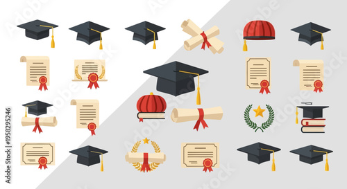 Graduation caps diplomas and laurel wreaths vector illustrations for education