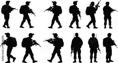 Military Soldier Silhouette Collection, Armed Special Forces Set, Army Infantry Carrying Weapons and Backpacks, Tactical Combat Mission Vector Illustration Isolated