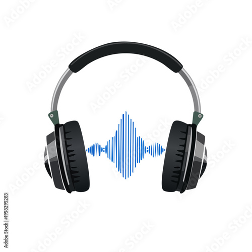 Modern headphones with a blue sound wave graphic illustration