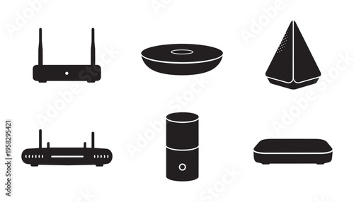 Smart home devices vector illustration set including router speaker and central hub for automation