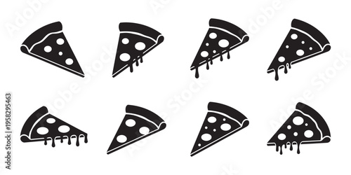 Pizza slices vector illustration collection with different toppings and melting cheese silhouettes