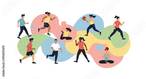 Illustration of diverse people engaging in various sports activities on colorful globes for International Day of Sport for Development and Peace, promoting global sports unity and teamwork