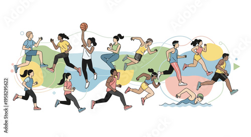 Illustration of diverse athletes in various sports poses on a stylized world map for International Day of Sport for Development and Peace with a global sports unity concept