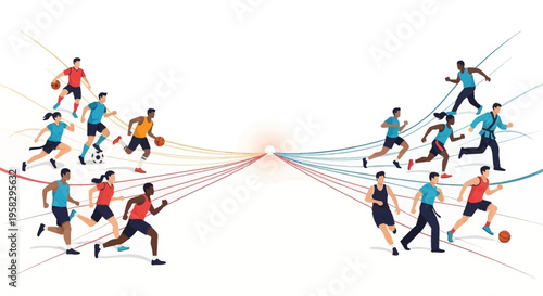 Illustration of multi-country athletes in various sports connected by lines, symbolizing global sports unity on International Day of Sport for Development and Peace