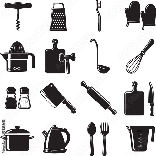 Kitchen related utensils and appliances silhouette icons vector set